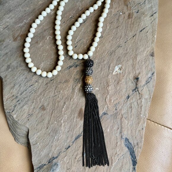 Stella & Dot Beaded Tassel Necklace — Pave Ball Detail - Picture 1 of 5